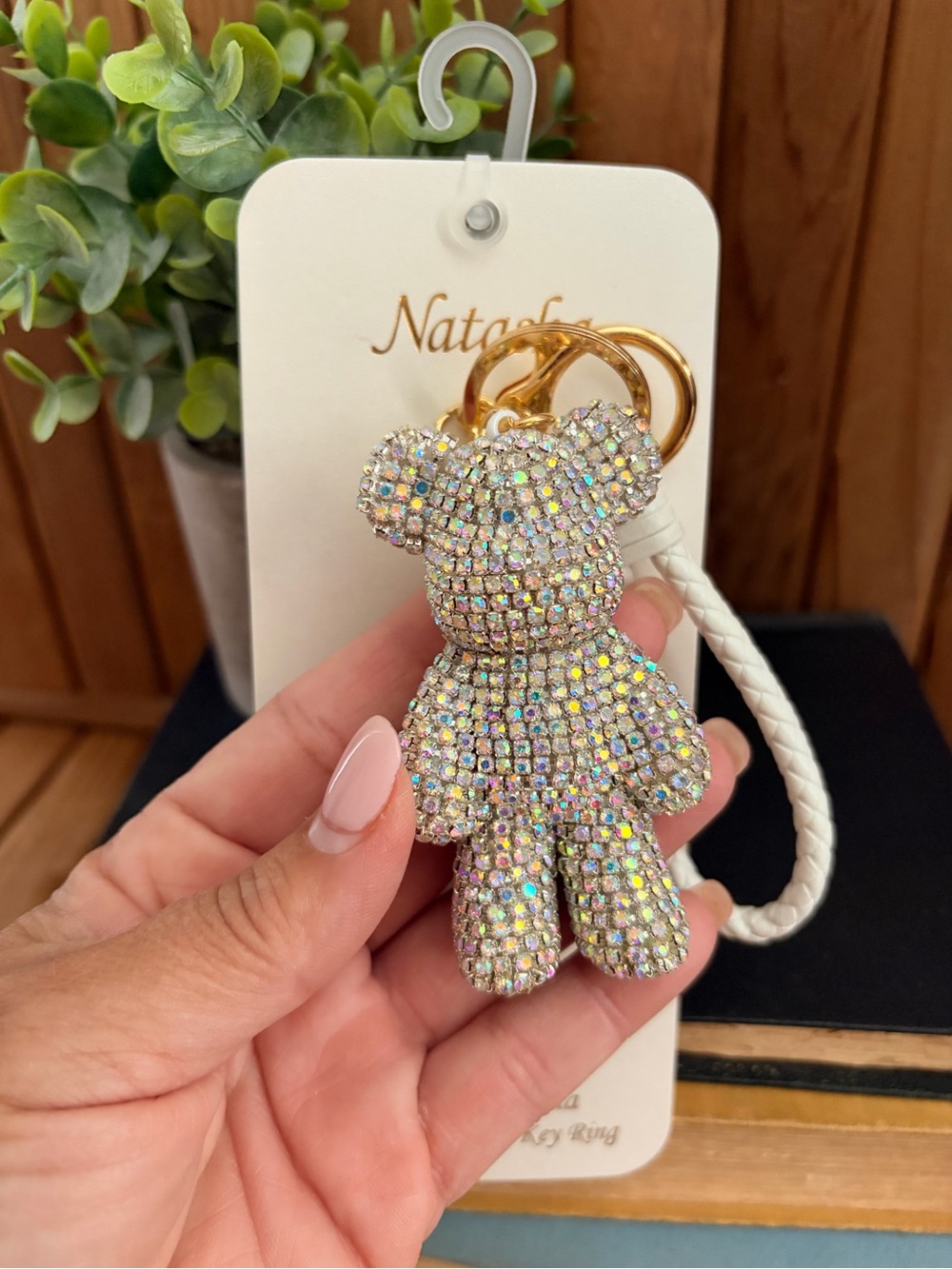 Natasha Iridescent Crystal Teddy Bear Keychain with White Wrist Strap - Picture 2 of 4